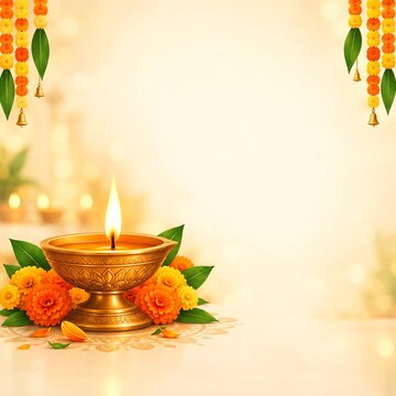 Diwali festival celebration background with glowing brass diya lamp, marigold flower garland and copy space