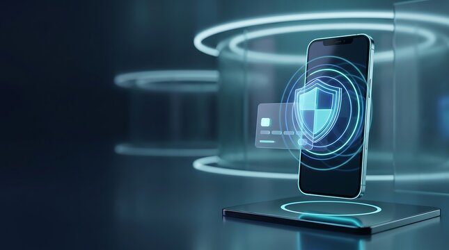 Smartphone device with a glowing blue digital shield icon and credit card overlay representing secure mobile banking and contactless financial payment transactions for consumers