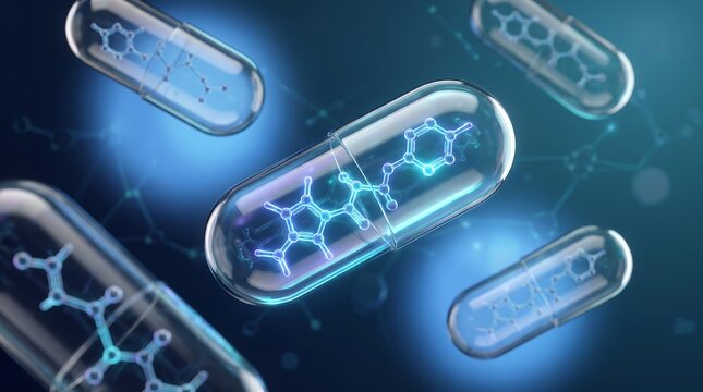 Transparent medical capsules containing glowing molecular structures floating in deep blue background representing advanced pharmaceutical research and development for modern drug discovery concepts