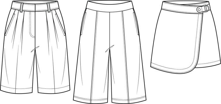 Vector technical flat sketch set of womens shorts, culottes, and wrap skirt.