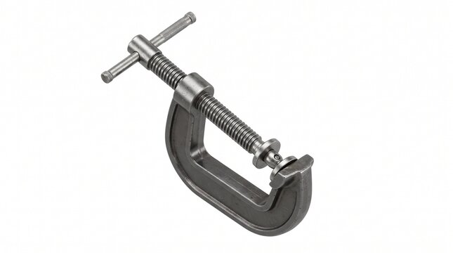 Isometric C-clamp, gunmetal steel frame, threaded spindle with swivel pad and T-bar handle, heavy-duty workshop clamping tool, white background