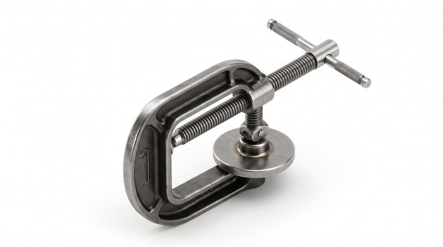 Isometric C-clamp vise with swivel anvil, cast steel gray frame, threaded T-handle screw, round base plate, heavy-duty workshop clamping tool, white background
