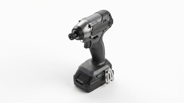 Isometric cordless impact driver drill, black gray body, hex chuck, LED trigger, 20V battery pack, belt clip, compact power tool, detailed, white background
