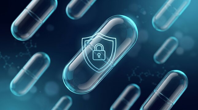 Transparent medical capsule with a glowing security padlock icon floating among other pills in a dark blue environment representing pharmaceutical safety and medication security