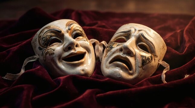 Theatre masks of comedy and tragedy side by side on red velvet, representing drama and contrasting human emotions.