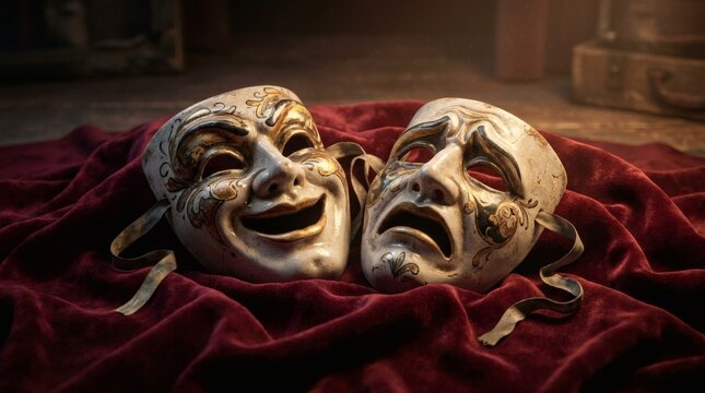 Classic Comedy and Tragedy Theatrical Masks on Red Velvet Fabric