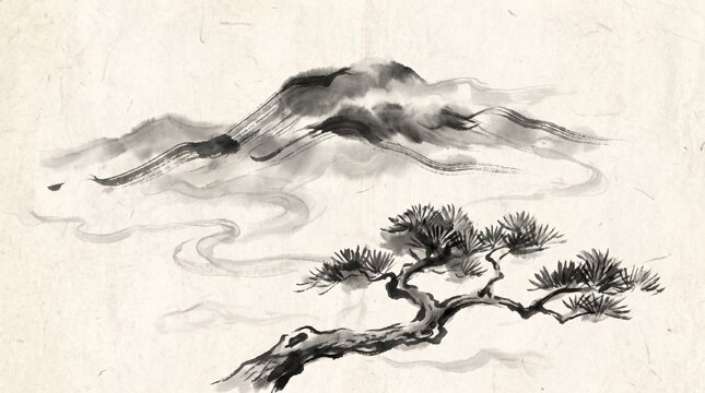 Traditional sumi-e ink wash painting featuring a majestic pine tree and flowing mountain range created with authentic black brush strokes