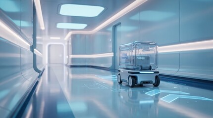 Obraz premium Autonomous delivery robot transporting sterile medical supplies in a futuristic hospital hallway 3D render