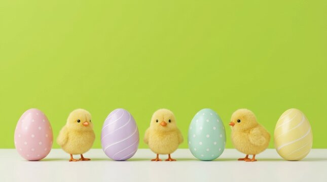 Adorable fluffy yellow chicks and pastel colored easter eggs arranged in a row on a bright green background