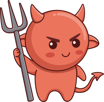 Cute Red Devil Character Holding Pitchfork Trident Halloween Vector Illustration