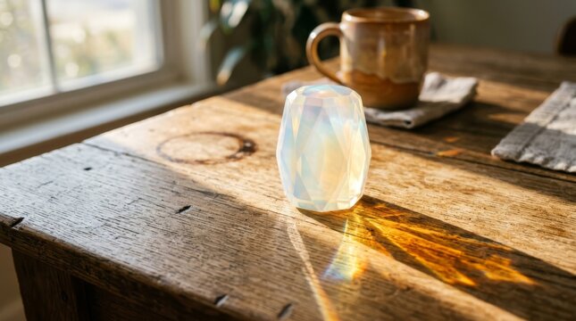 Clear faceted crystal glass on rustic wooden table near sunlight with weathered wooden surface
