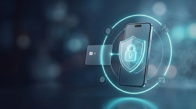 Smartphone with a glowing security shield icon and credit card symbols signifying mobile payment safety and secure financial transactions in a digital technology environment 3d render