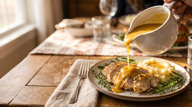 Gravy Being Poured over Turkey Breast and Mashed Potatoes on a Wooden Table