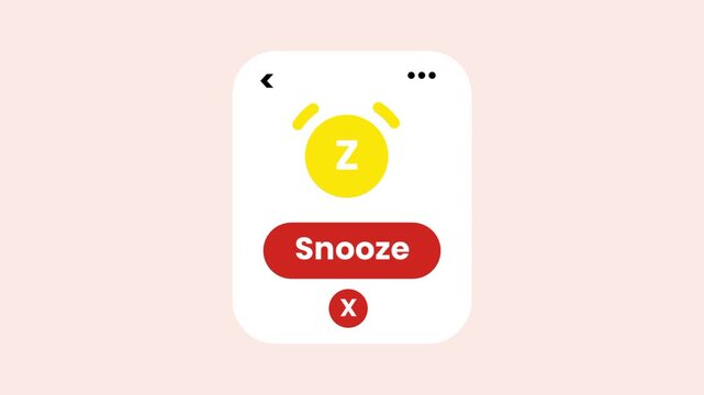 A peach alarm card features a yellow clock icon with a red snooze button and a small close option for dismissing a morning wake up alert notification