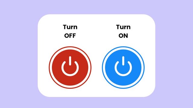 A light purple card presents two round buttons labeled turn off in red and turn on in blue for controlling a connected smart home device power state