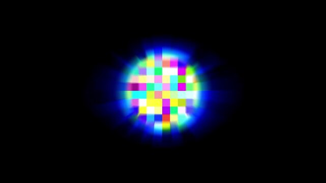 A black background displays a glowing colorful pixelated burst resembling a compact disc or a radiant sphere of scattered rainbow light particles