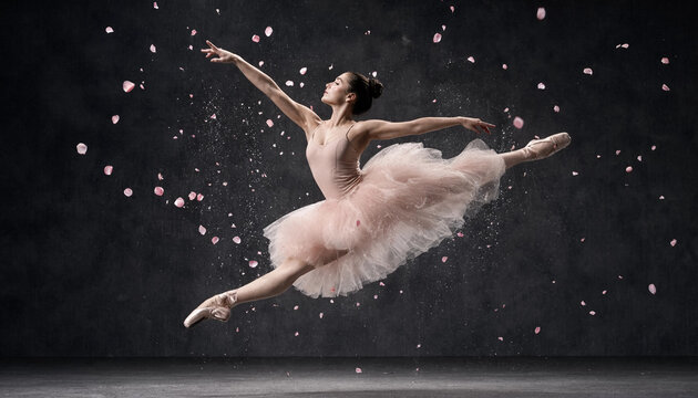 Ballerina leaping midair in pink tutu with rose petals floating around her on dark studio background