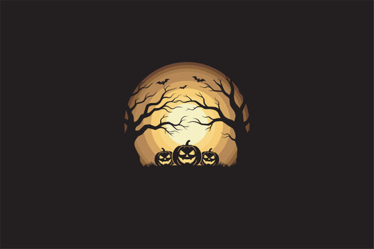 Halloween night scene with pumpkins, creepy trees, and full moon in flat 2D style. Vector illustration for Halloween background.