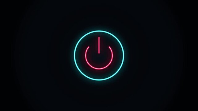 Neon power button icon animation, glowing cyan and red start symbol on black background, futuristic digital interface element for tech videos