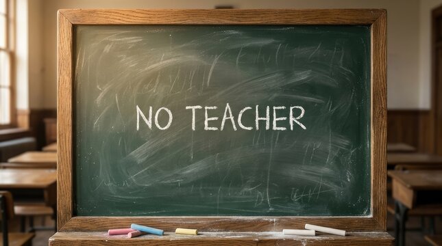Chalkboard with no teacher written in white text centered inside an old classroom wooden frame
