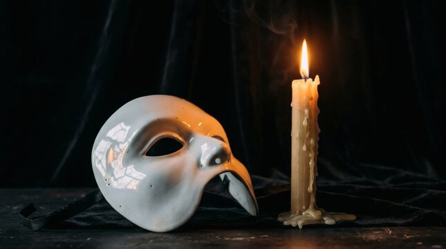 Dramatic white Venetian masquerade mask and a lit candle with smoke on a dark velvet background.