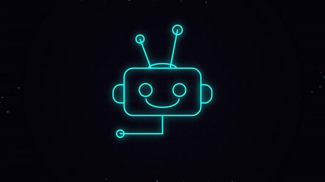 Neon robot head icon with glowing cyan lines, futuristic artificial intelligence bot character, digital tech animation on black background