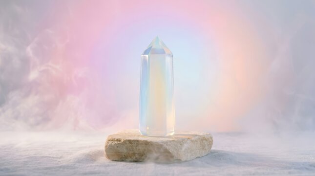 Clear crystal point resting on flat rock against soft pastel background with lighting background