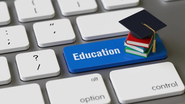Books and cap on the keyboard of a latop, 3d rendering,conceptual image. online education and learning concepts.