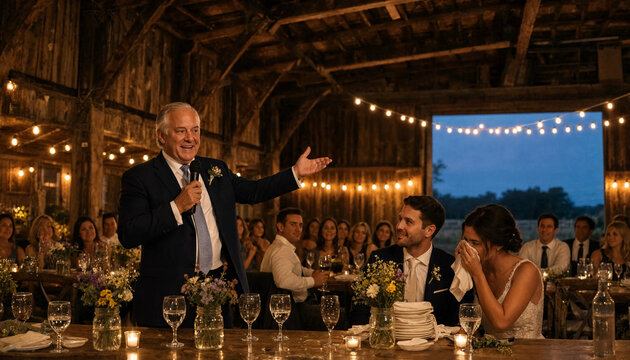 Father of the bride giving emotional speech at rustic barn wedding reception during twilight