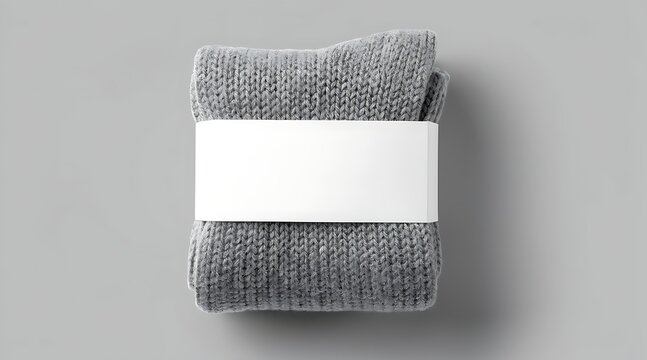 Pair of Folded Grey Knitted Wool Socks with Blank White Paper Label Mockup Isolated on Neutral Background for Clothing Branding and Merchandising Presentation
