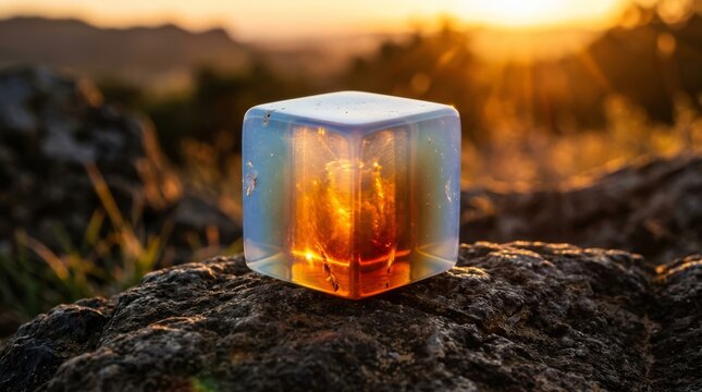 Clear cube containing warm glowing amber substance resting on rough dark rock during sunset