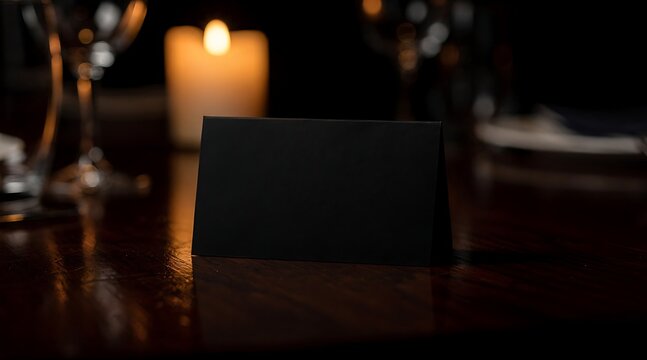 Blank black reservation card on a wooden restaurant table with warm candlelight and bokeh wine glass in a dark elegant atmosphere for luxury dinner events and seating arrangement mock-up.