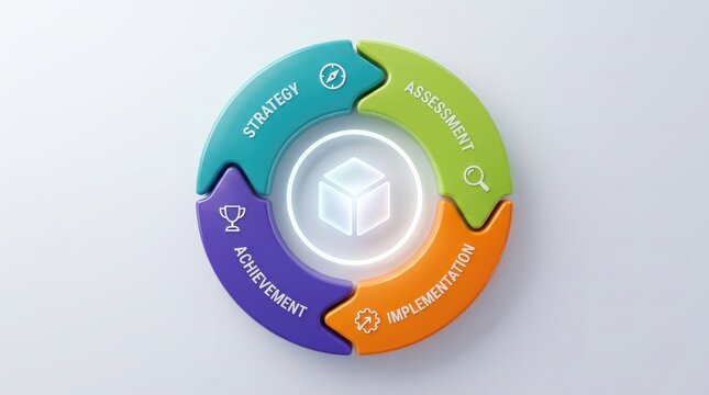 Colorful circular business process diagram featuring four distinct stages with icons on a clean white background