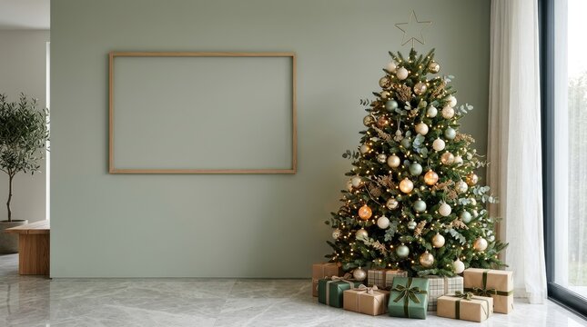 Christmas tree decorated with gold ornaments beside empty wooden frame in modern minimalist living room interior