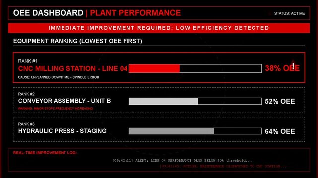 Digital factory OEE dashboard screen displaying industrial plant performance monitoring, production metrics, machine efficiency analysis, manufacturing data