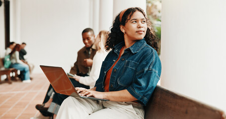 Obraz premium University, thinking and woman with laptop at campus for class schedule, assignment and essay idea. Student, reflection and person on computer for research, learning or planning for college education
