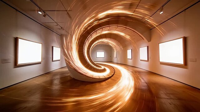 Spiral staircase with warm light trails in modern gallery with frames