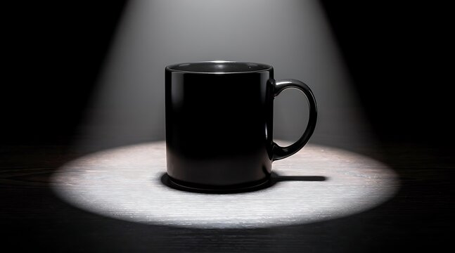 Minimalist black ceramic coffee mug standing on a dark wooden table surface illuminated by a bright overhead spotlight beam in a pitch black room, dramatic studio lighting mockup concept