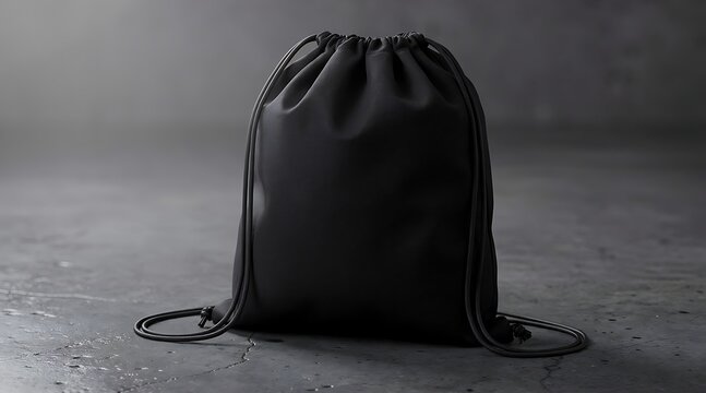 Minimalist black drawstring gym bag or cinch sack sitting on a dark grey concrete floor in a moody studio setting, ideal for fitness gear, sports accessories, and promotional mockup design.