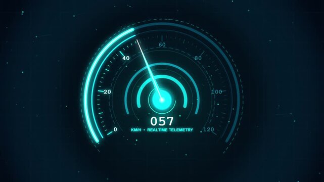 Futuristic digital speedometer with real-time telemetry, glowing cyan HUD interface for automotive technology, high-speed performance dashboard display