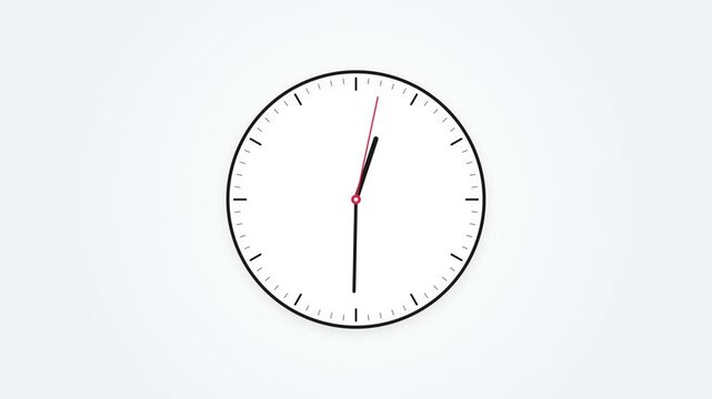 Minimalist analog clock animation on white background, modern wall clock with ticking second hand, time passing concept for business and productivity