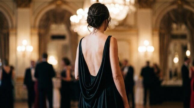 Elegant woman in black backless dress at formal event in luxurious ballroom with blurred guests