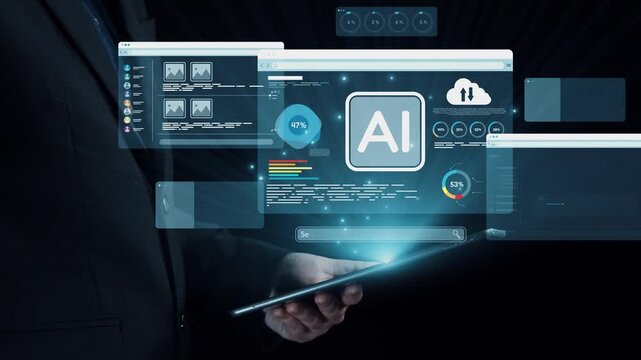 A business professional engages with advanced AI software on a tablet, navigating through a high-tech interface filled with data analytics and vibrant charts. Qubit