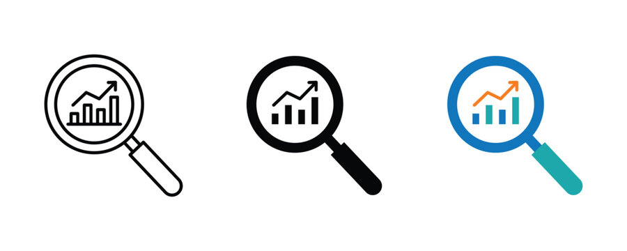 Business growth analytics magnifying glass icon set with upward chart, market research and financial performance concept