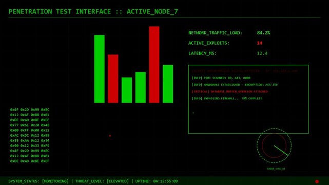 Digital cybersecurity interface showing fluctuating data metrics, server security, system monitoring, network threat analysis, intrusion detection, red and green bar graph