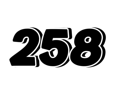 Number 258 on transparent background,black bold, 3D appearance and shadow effects for added depth and dimension for design element