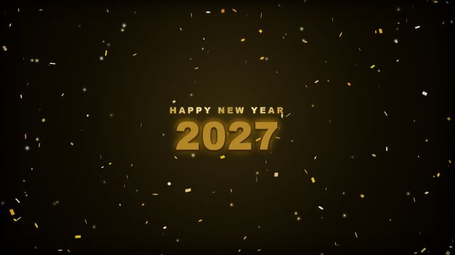 Happy New Year 2027 Animated Celebration with Golden Confetti and Sparkles