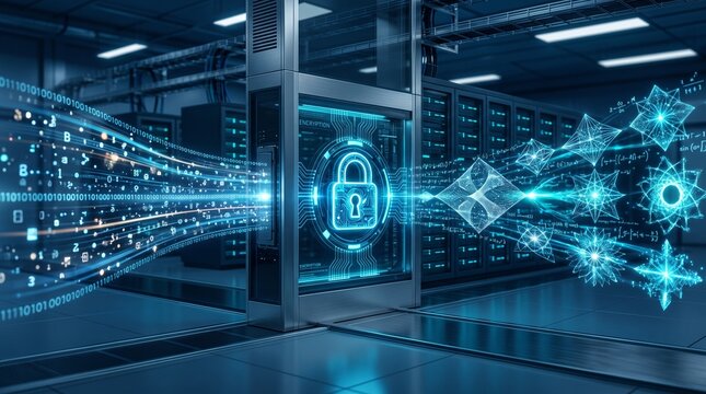 Glowing digital padlock secures streaming binary data inside a server cabinet