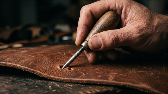Extreme close-up of a leathersmith's hand using an awl to punch a hole in brown leather