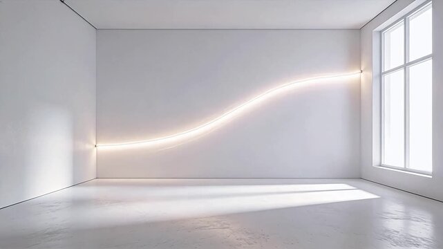 Minimalist empty room with curved linear light fixture on wall and natural window light